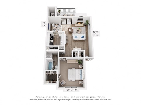 Floor plan for 1 bed, 1 bath, 748 sqft